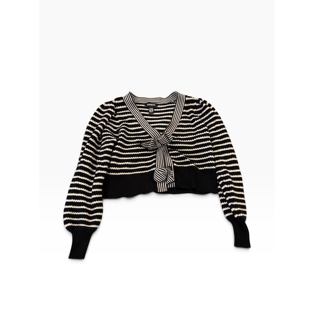 Express Conscious Edit Striped Cropped Cardigan Sweater Bow Detail Black White S
